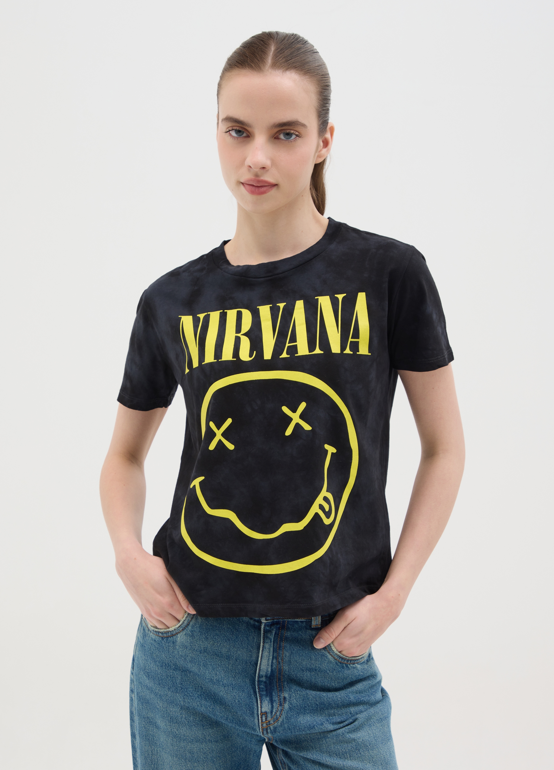 OVS , T-shirt Boxy Fit Nera Stampa Nirvana, Donna, Nero, Taglia: M