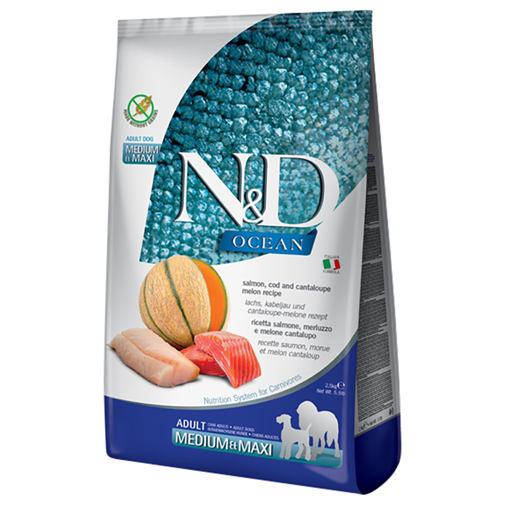 Farmina N&D Ocean Medium/Maxi Salmone, Merluzzo e Melone cantalupo - 12 kg