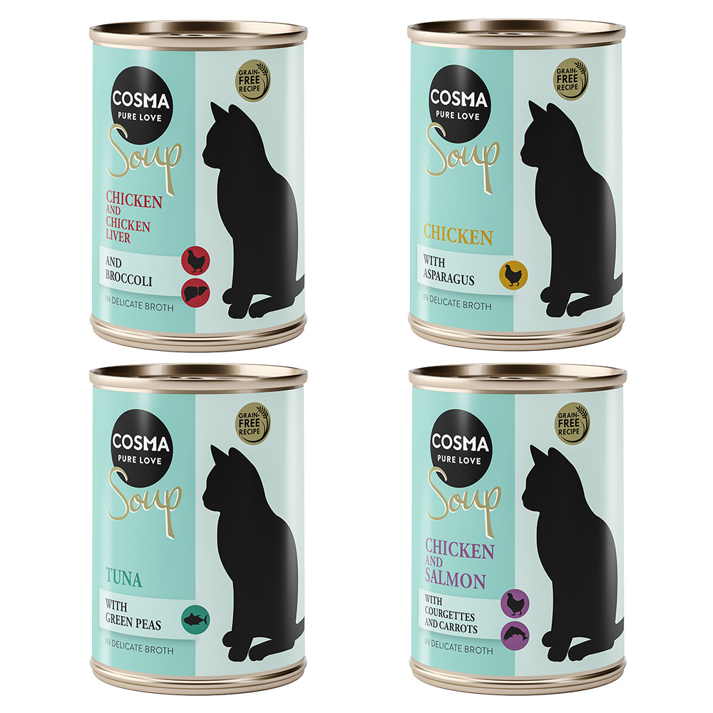 Cosma Soup 6 x 100 g umido gatto - Mix 2: Pollo con Asparagi, Pollo con Fegato e Broccoli, Pollo con Salmone, Tonno con Piselli