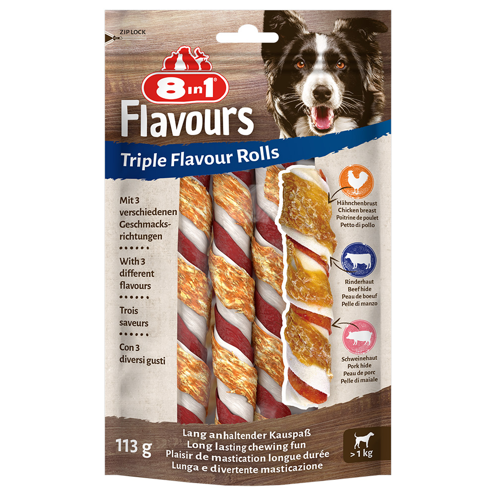 8in1 Triple Flavour Rolls Bastoncini da masticare Snack per cane - 3 pz