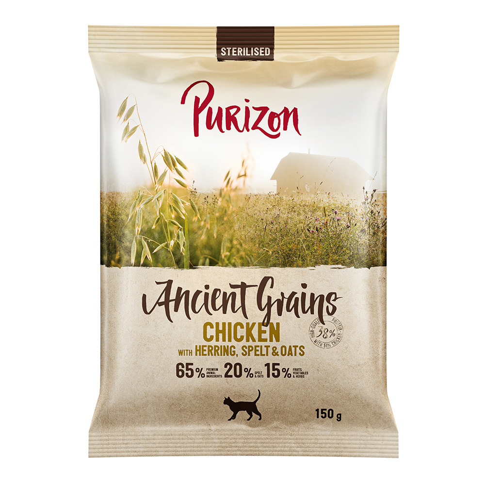 Confezione prova: Purizon Crocchette, Alimenti umidi e Snack per gatto - 150 g crocchette Sterilised Pollo & Pesce - Grani antichi