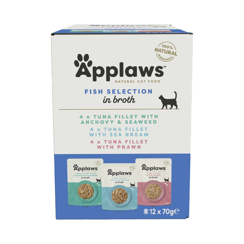 Applaws Buste in Brodo 12 x 70 g Alimento umido per gatti - Selezione Pesce (Tonno): con Acciughe + con Gamberetti + con Abramide