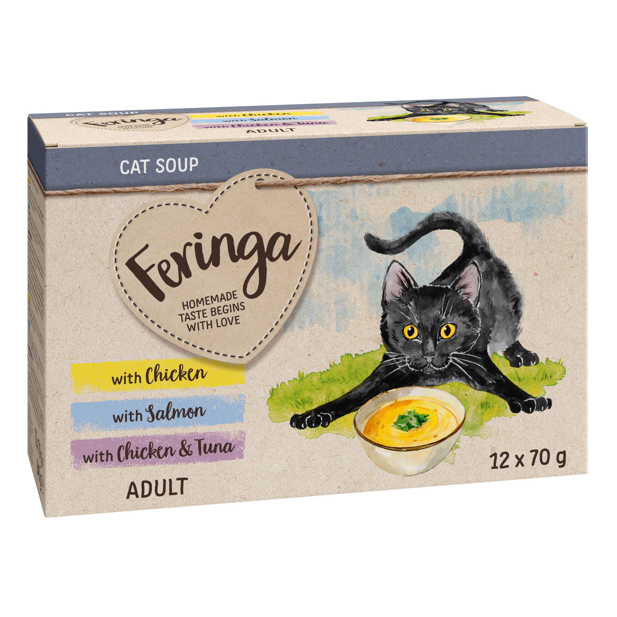 Feringa Cat Soup 12 x 70 g Alimento complementare per gatto - Mix (Pollo, Salmone, Pollo e Tonno)