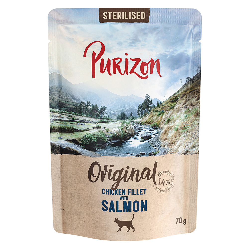 Purizon Adult Sterilised 6 x 70 g - senza cereali Umido per gatto - Filetto di pollo con salmone