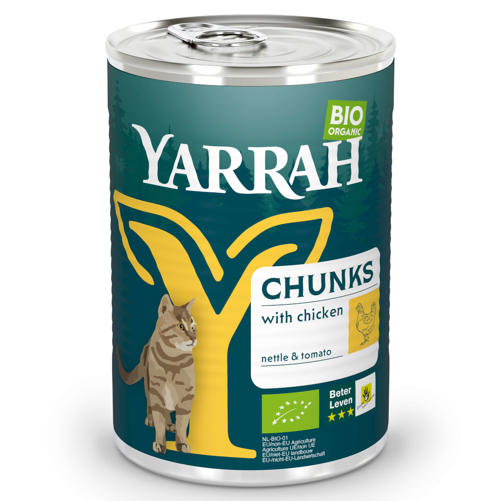 Yarrah Bio Bocconcini 1 x 405 g umido gatto - Pollo bio in salsa con Ortica bio & Pomodori bio