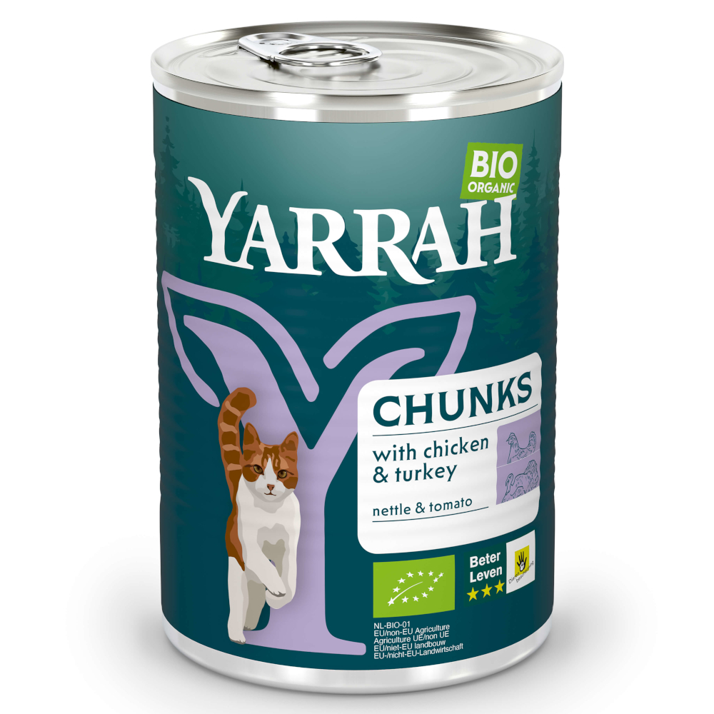 Yarrah Bio Bocconcini 1 x 405 g umido gatto - Pollo bio & Tacchino bio con Ortica bio & Pomodori bio