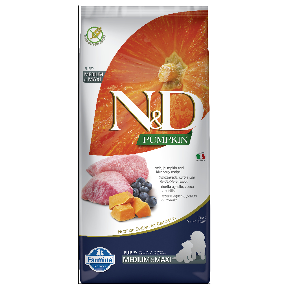 Farmina N&D Grain Free Pumpkin Puppy Medium/Maxi Agnello, Mirtilli, Zucca - 12 kg