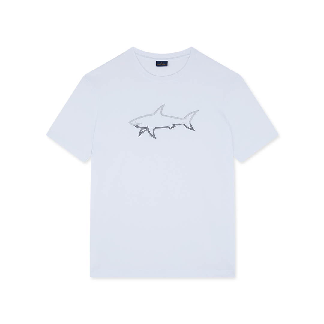 T-shirt in jersey di cotone con stampa Shark reflective, Uomo, BIANCO, Taglia: L