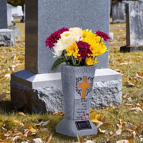 Vaso solare per cimitero con LED per fiori freschi/artificiali, vasi con punte per lapidi, decorazioni per lapidi, regali commemorativi per la perdita