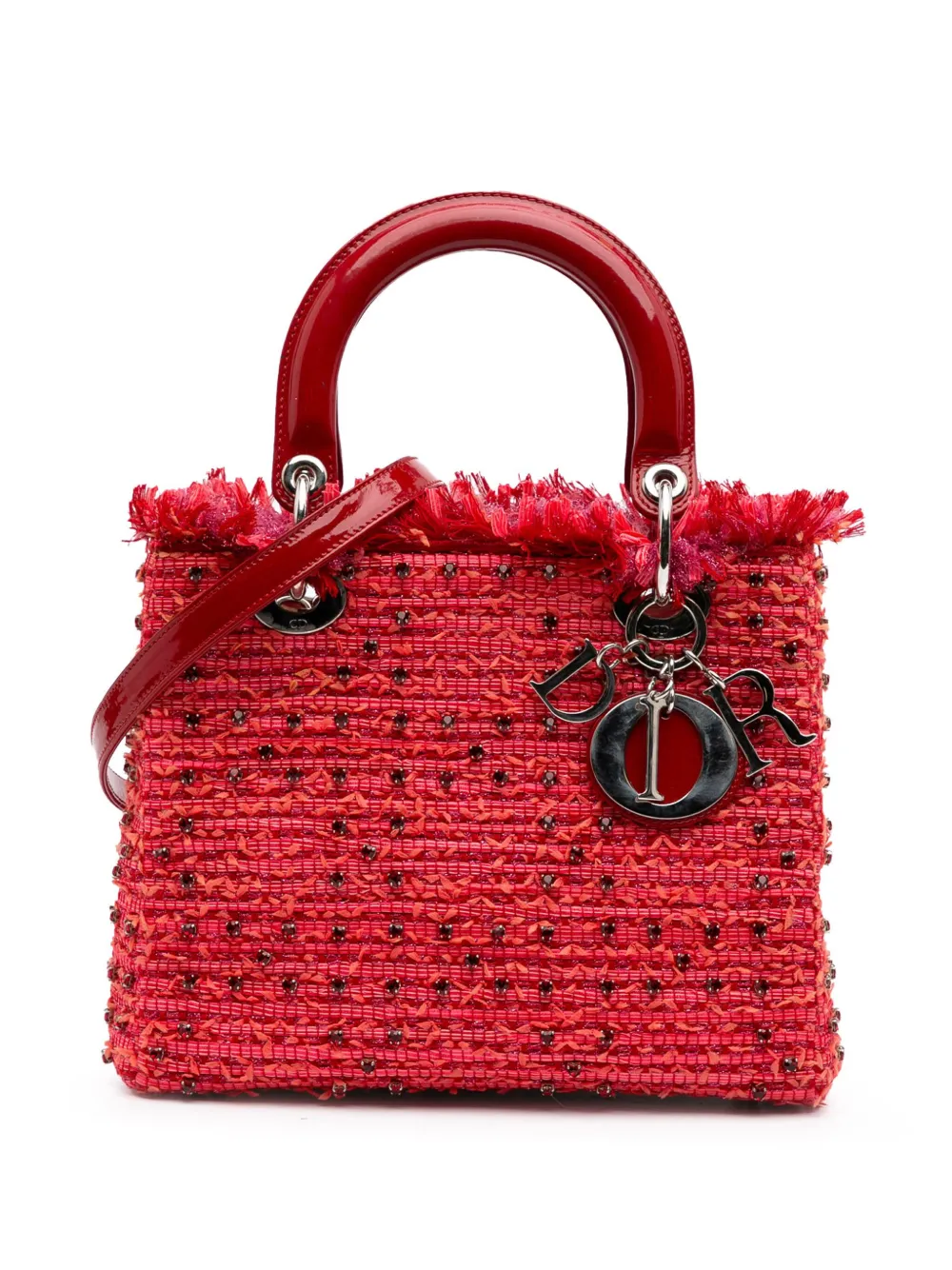 Christian Dior Pre-Owned 2012 Medium Tweed Fringe Rhinestone Lady Dior satchel - Rosso