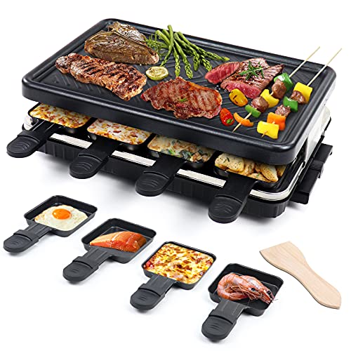 Hengbo Raclette Grill Per 8 Persone Piastra Griglia Elettrica Per Cucinare Teppanyaki Da Tavolo Barbecue Con 8 Mini Padelle Di Cottura E 4 Spatole In