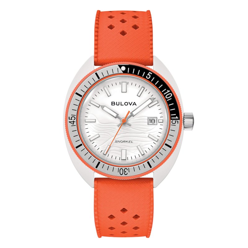 Orologio Subacqueo Snorkel Quadrante Bianco Cinturino Arancione Bulova