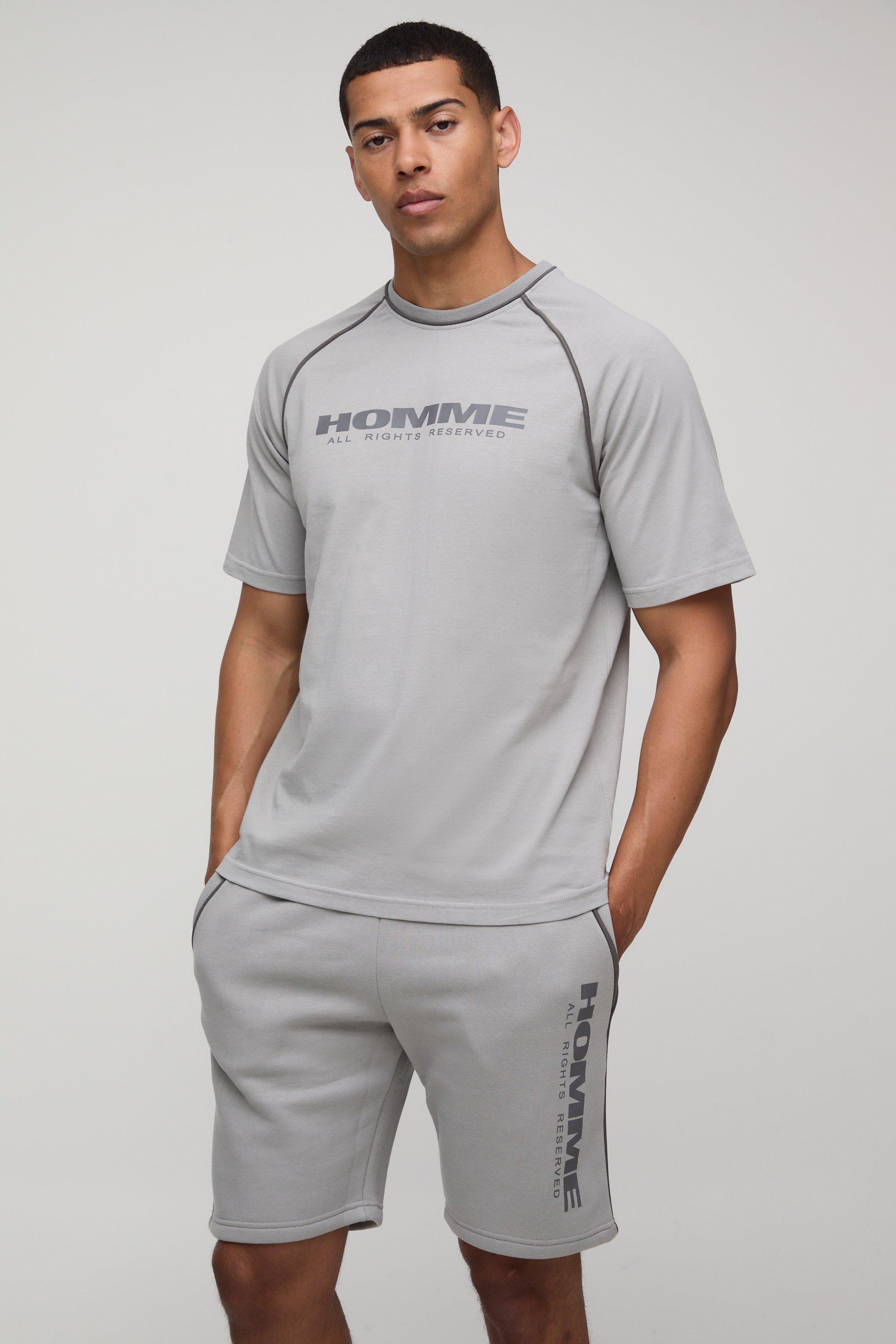 Homme Piping T-Shirt & Short Set, Grigio
