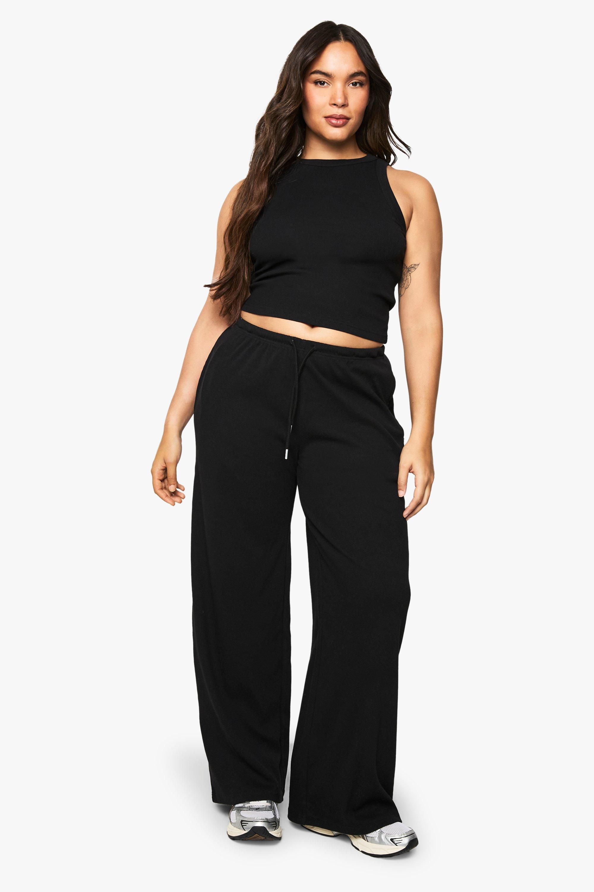Canotta Plus Size Basic a coste con scollo a vogatore & pantaloni Basic coordinati, Nero