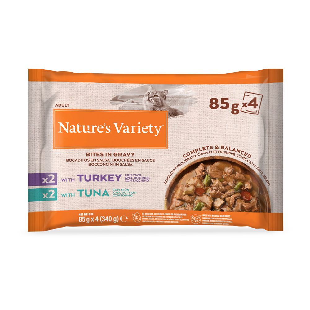 30 + 14 gratis! 44 x 85 g Nature's Variety Bites in Salsa umido gatto - Tacchino e Tonno