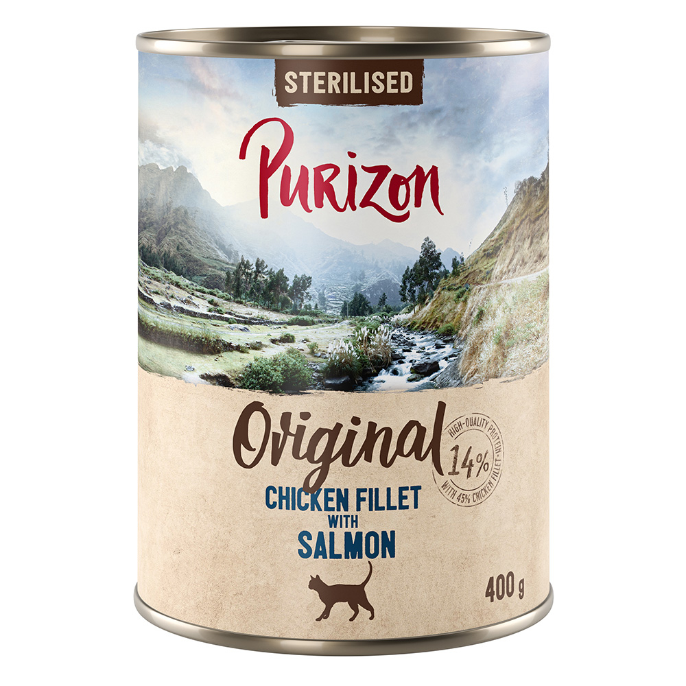 Purizon Adult Sterilised 6 x 400 g - senza cereali Umido per gatto - Filetto di pollo con salmone