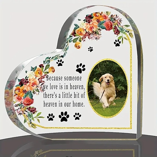 Targa commemorativa personalizzata in acrilico a forma di cuore per animali domestici, blocco fotografico personalizzato per cani e ricordo con impron