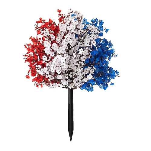 Pali di fiori artificiali patriottici, gypsophila rossa, bianca e blu del 4 luglio con bandiere e punteruoli da terra, decorazioni per tombe e giardin