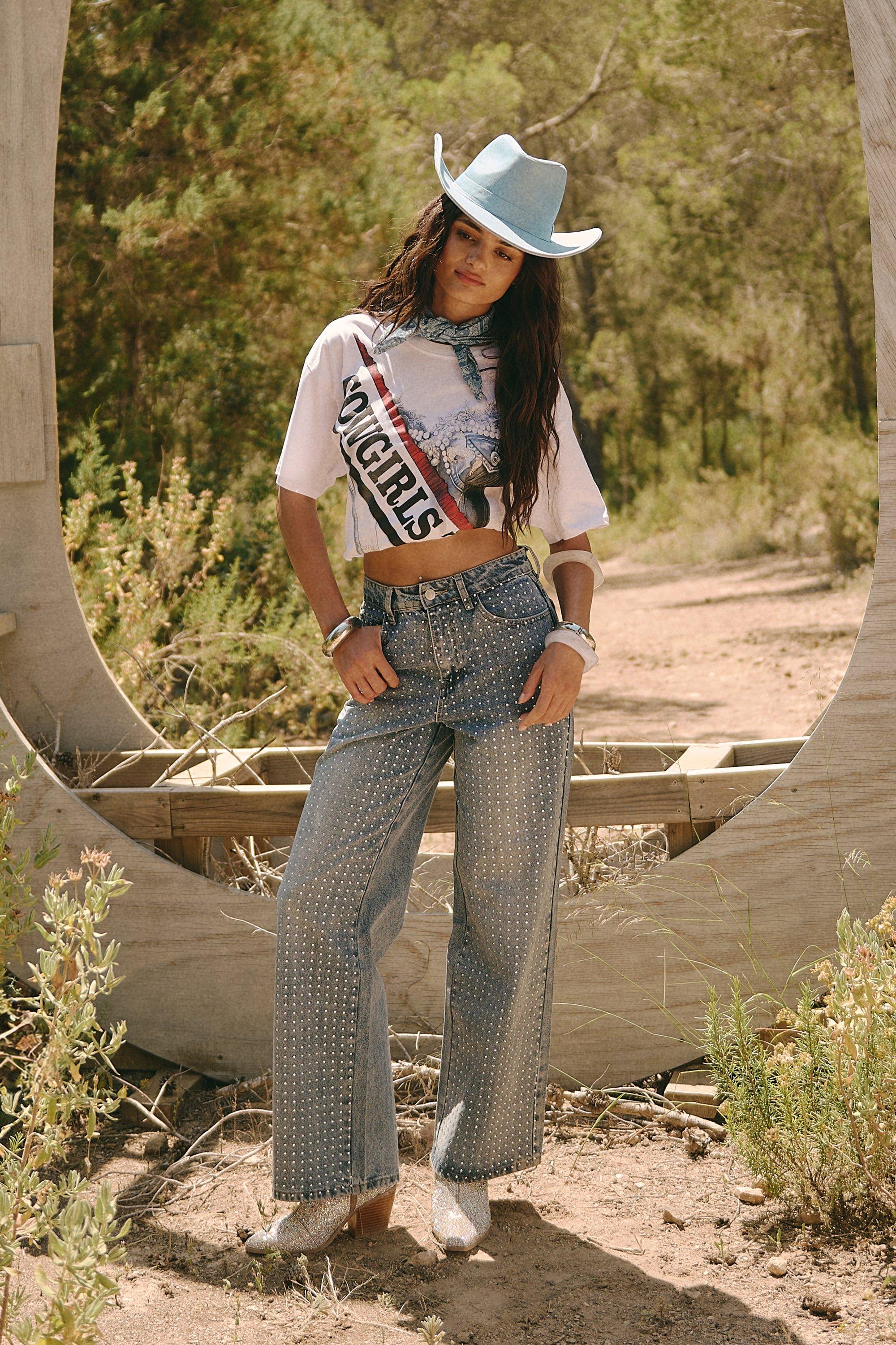 Jeans a gamba ampia Premium in denim con strass, Azzurro