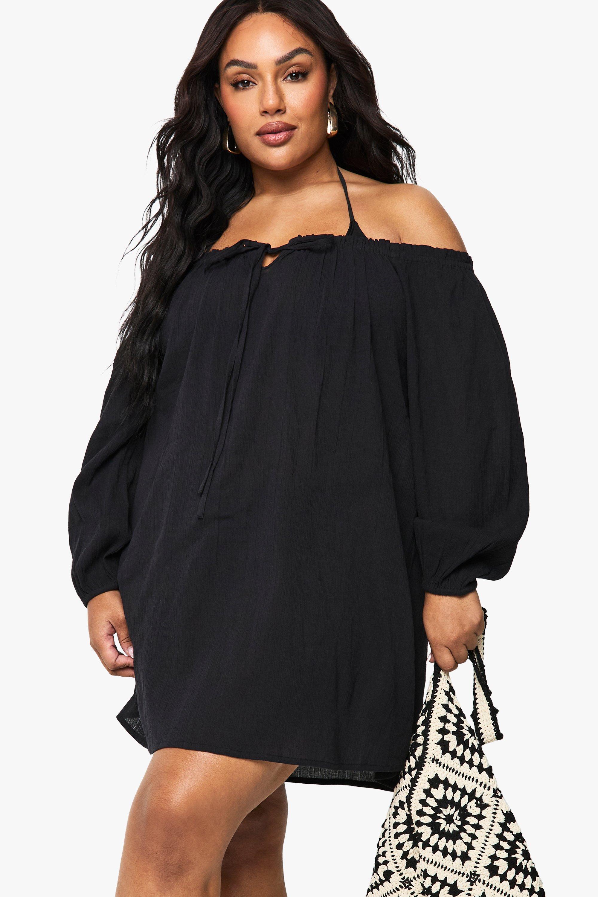 Plus Crinkle Cotton Beach Dress, Nero