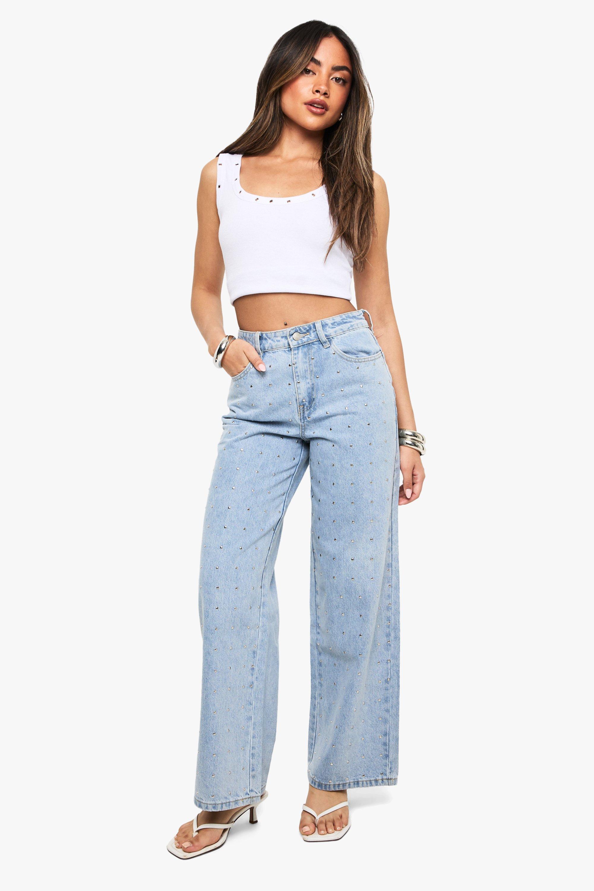 Jeans a gamba ampia Premium in denim con borchie, Azzurro