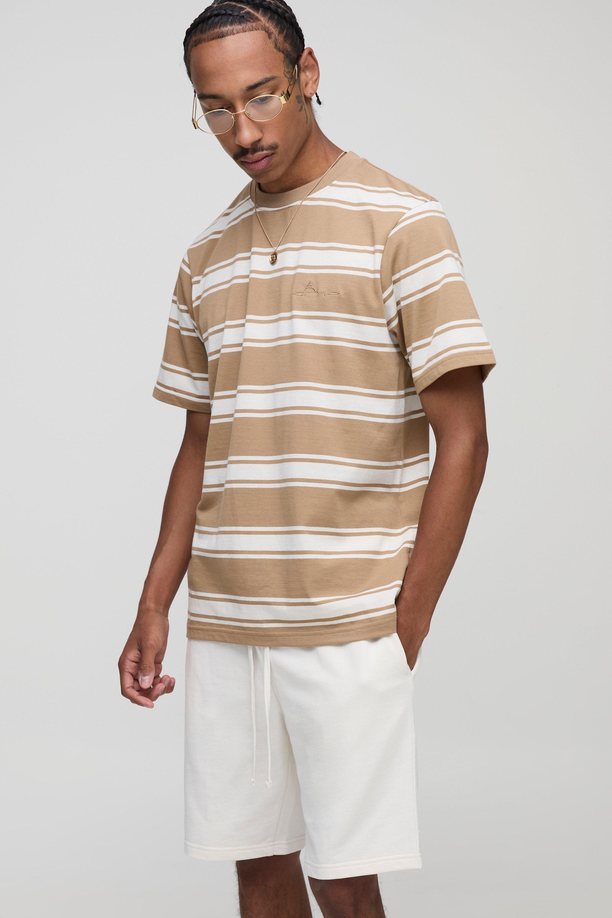 BM Signature Relaxed Striped T-Shirt and Shorts Set, Brown