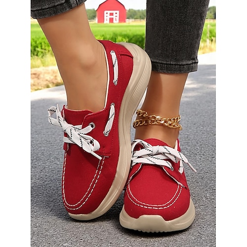 scarpe da barca in tela rossa da donna: scarpe basse leggere con lacci per passeggiate in campagna, giornate informali e gite del fine settimana