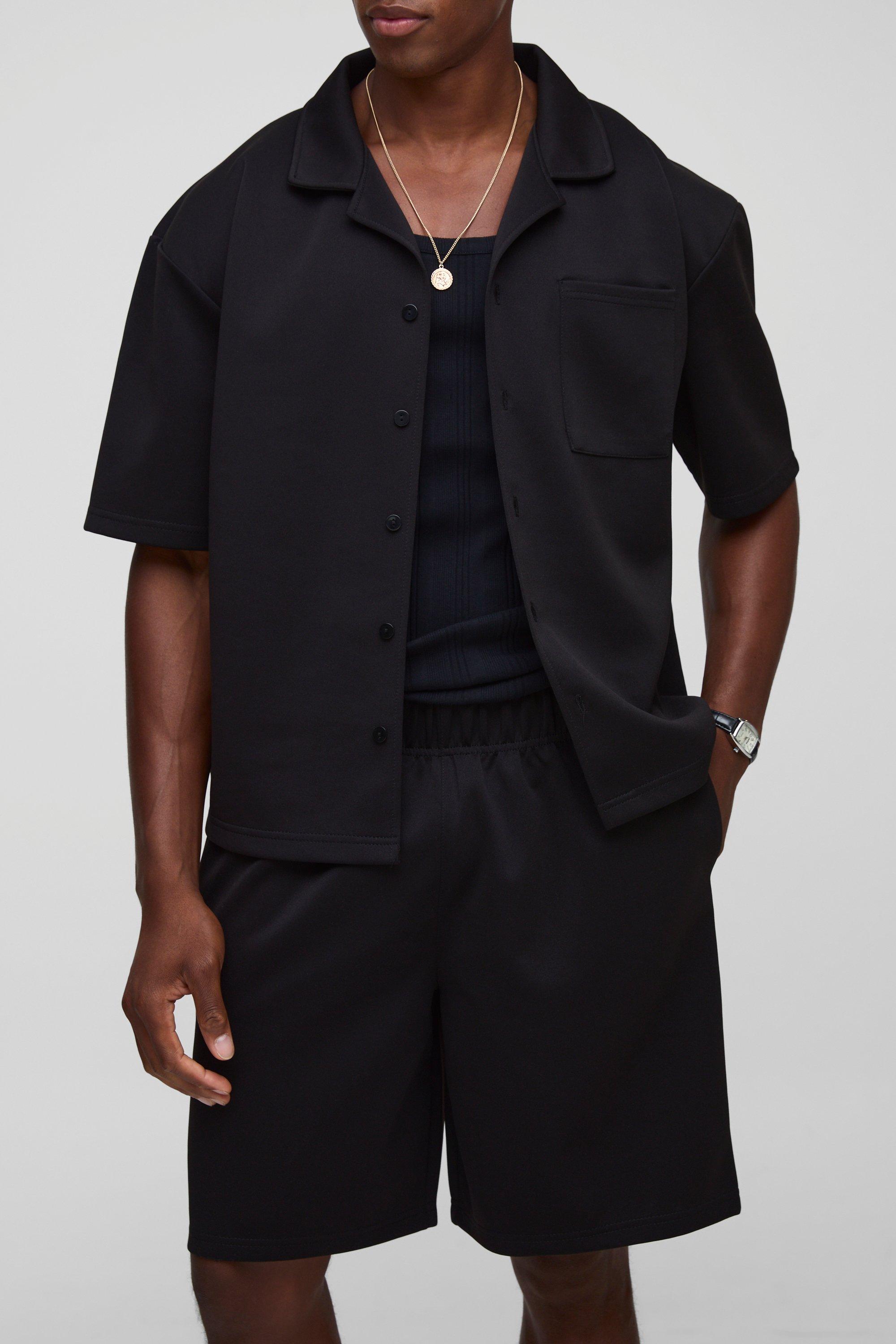 Oversized Boxy Scuba Revere Shirt and Short Set, Nero