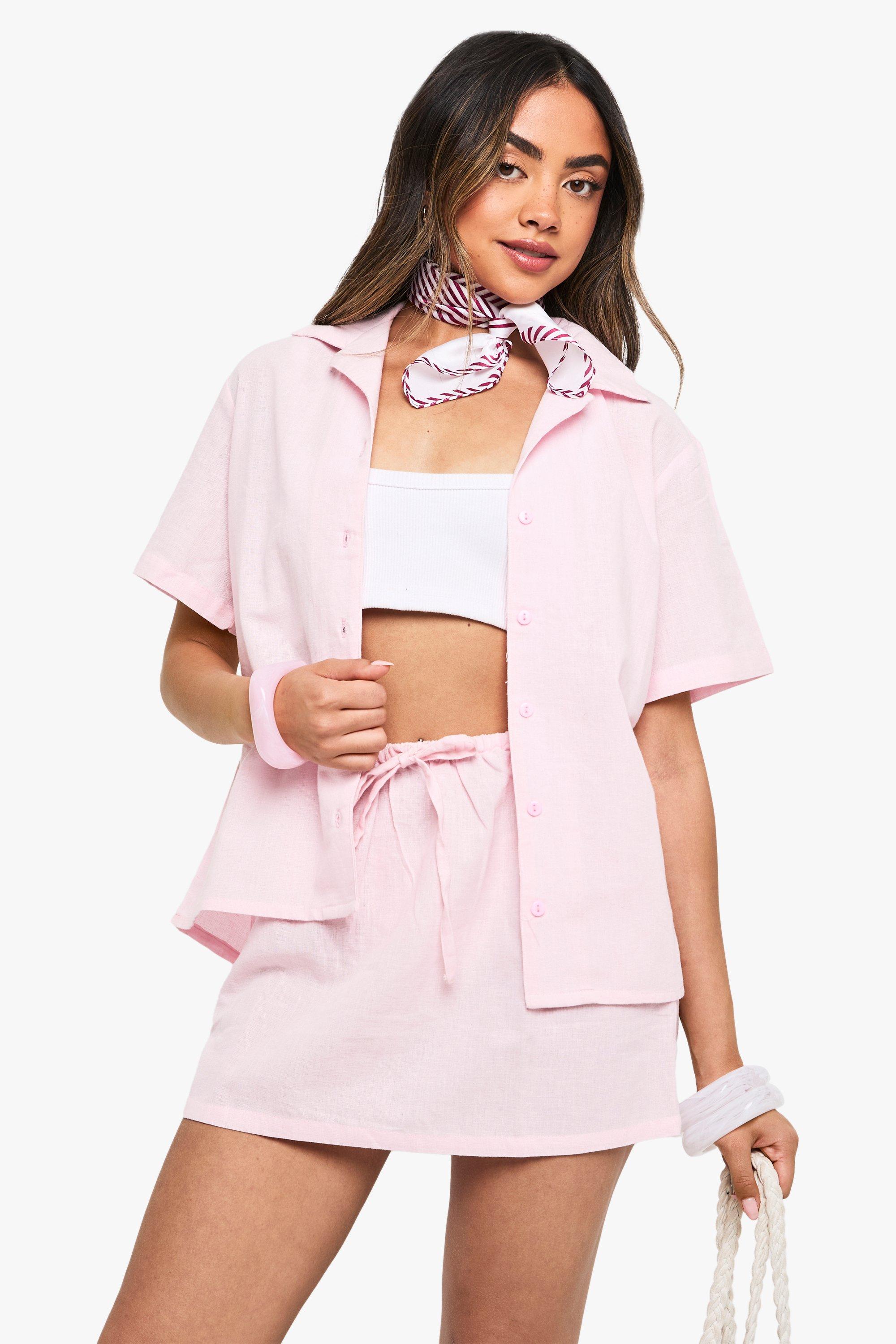 Linen Short Sleeve Shirt & Mini Skirt Co-ord, Pink