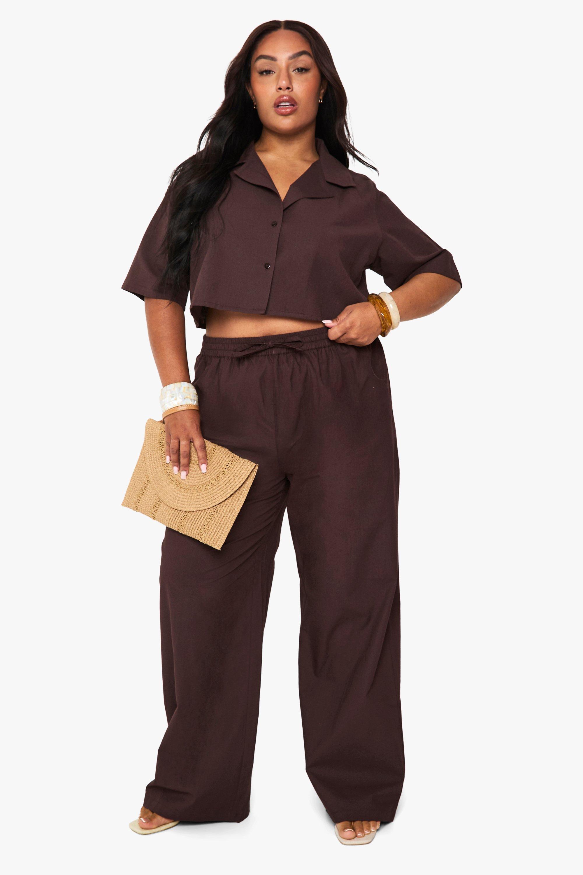 Plus Linen Longline Crop Shirt & Trouser Co Ord, Nero