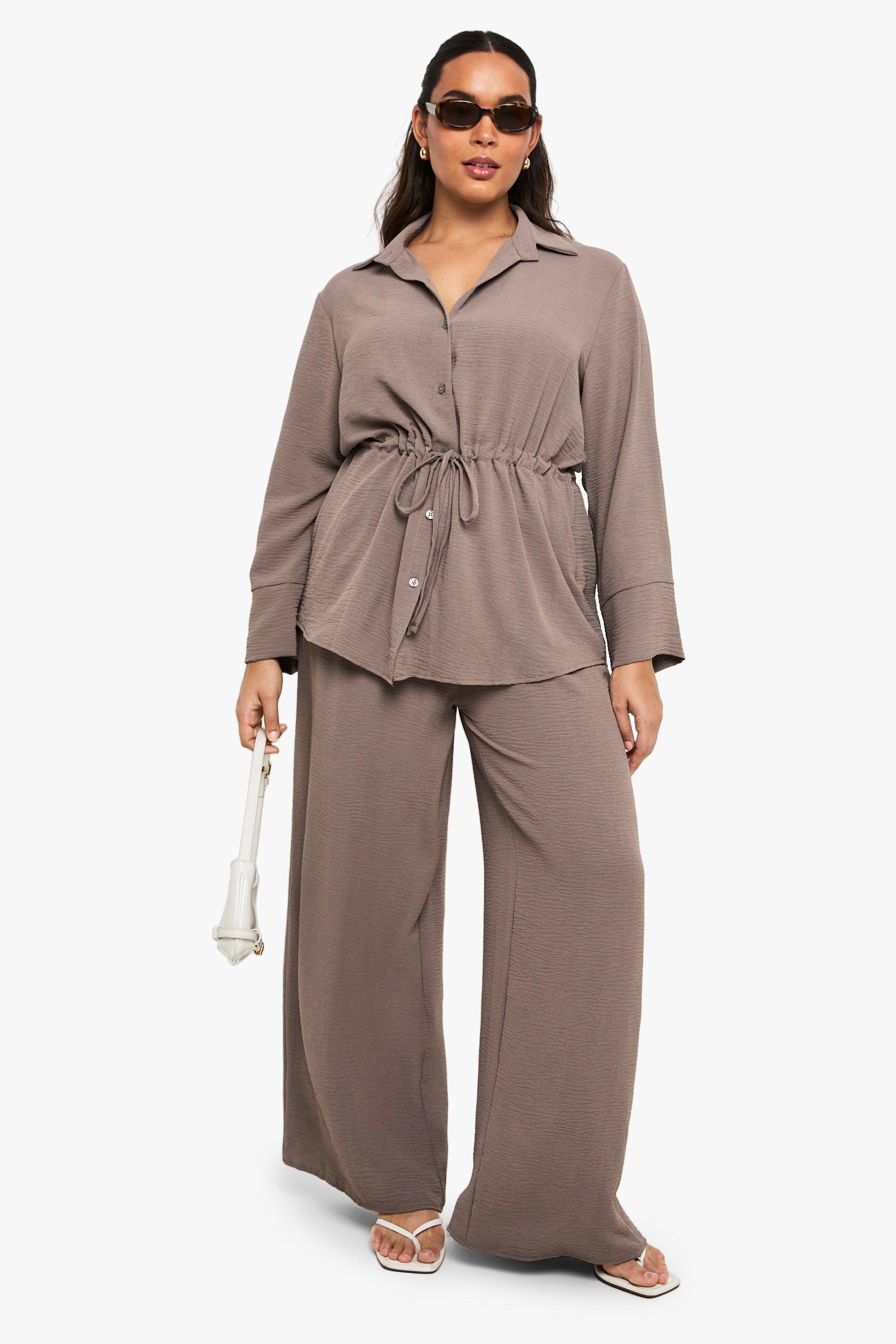 Plus Woven Tie Waist Shirt & Trouser Co Ord, Beige