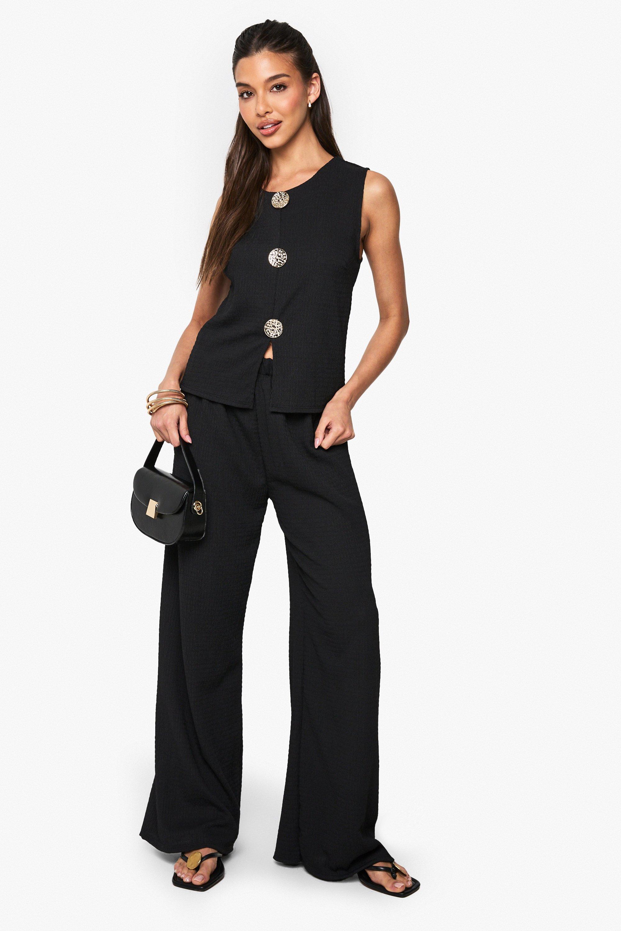Gold Button Crinkle Waistcoat Co-ord, Nero