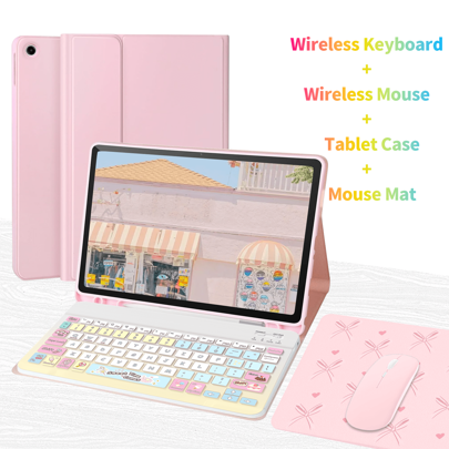 [4 in 1] Custodia con tastiera, mouse e tappetino mouse, compatibile con Galaxy Tab e iPad, Redmi Pad Se, con tastiera senza fili Bluetooth staccabile