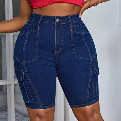 Pantaloncini di jeans da cowgirl per taglie forti, vita elastica, aderenti con stile cargo, outfit sexy da rodeo estivo