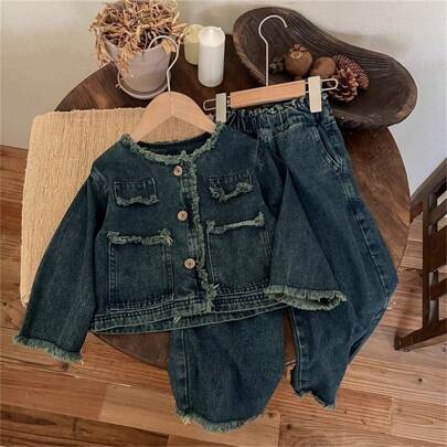 2 pezzi Set denim per giovani ragazze: Top in denim lavato e pantaloni ampi in denim, autunno