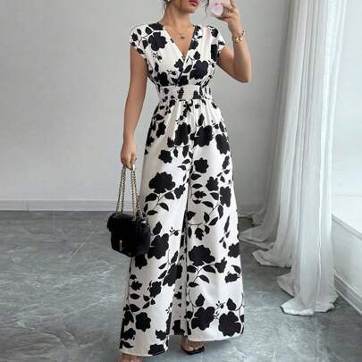 Pantaloni eleganti con vita coutura, ampia gamba e scollo a V, adatti per la primavera/estate, pantaloni palazzo a fiori leggeri e fluidi, minimalista