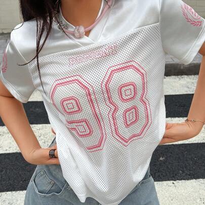 Maglia da calcio da donna a maniche corte, con stampa del numero di jersey 98 della nazionale brasiliana, scollo a V, rosa e bianco, maglietta casual