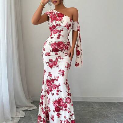 Abito donna a fishtail con stampa floreale, vita arricciata, spalline a spaghetti