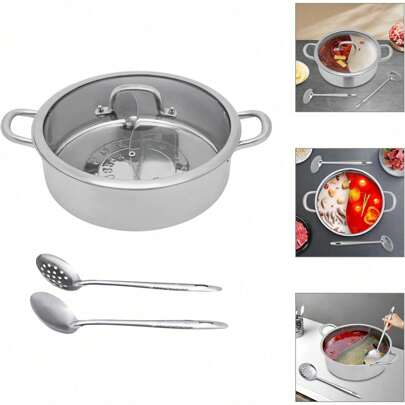 CNCEST Hot Pot Stove Pentola per fonduta 28/32 cm con divisorio e coperchio, Shabu Shabu in acciaio inossidabile, pentola divisa per piano cottura a i
