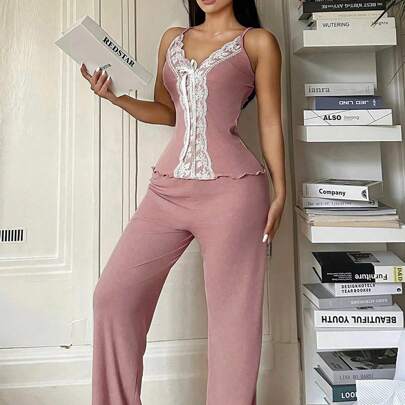 2 pezzi Set pigiama sexy donna con scollo a V profondo