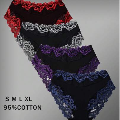 4 pezzi Slip in cotone a fantasia floreale in pizzo, intimo sexy, comodo, traspirante ed elastico