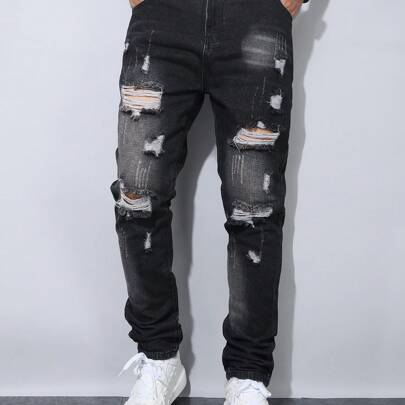 Jeans skinny neri strappati con disegno di baffi di gatto, stile casual europeo americano per adolescenti