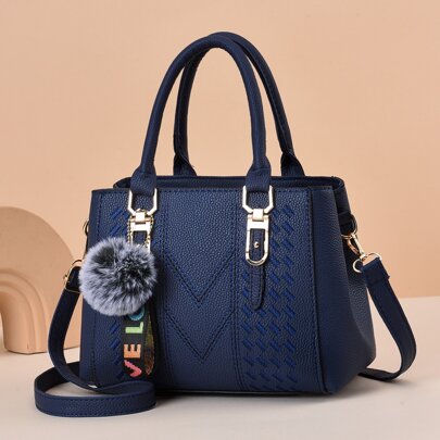 Borsa quadrata effetto litchi decorato pompon PU, Mothers Day regalo per mamma