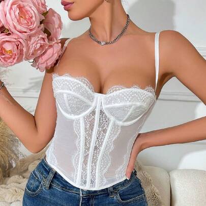 Top corset aderente di moda stile INS, canottiera intima con dettagli in pizzo sexy, top corto regolabile