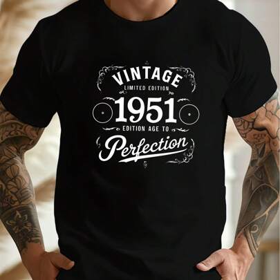 Maglietta nera in edizione limitata, modello vintage del 1951, con stampa alla moda, 220 g/m², da uomo, casual, scollo tondo, in puro cotone, manica c