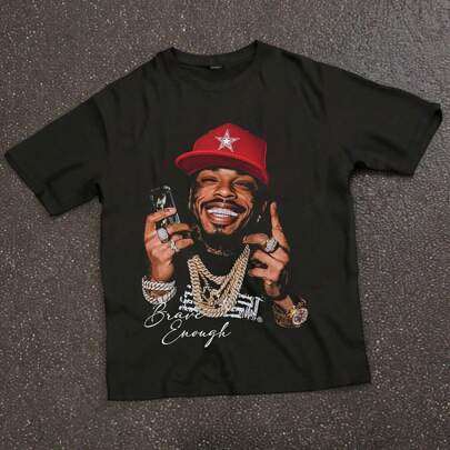 Maglietta casual da donna a girocollo, a maniche corte, con grafica in silhouette nera, stile casual e urban hip-hop