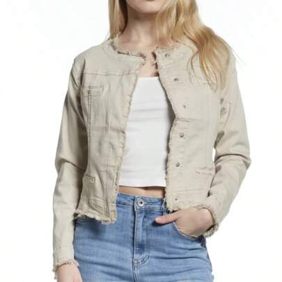 Giacca Denim Donna Senza Colletto in Cotone con Finte Tasche (cod. 6809)