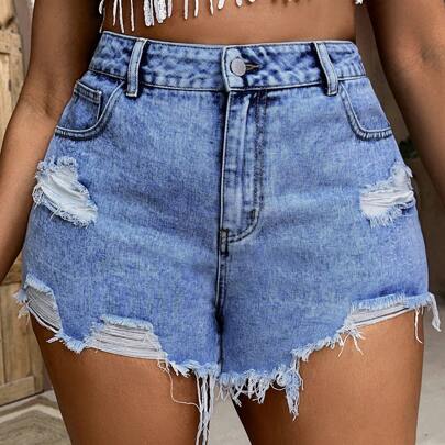 Shorts di jeans casual versatili con tasche e effetto used, taglie comode per donna