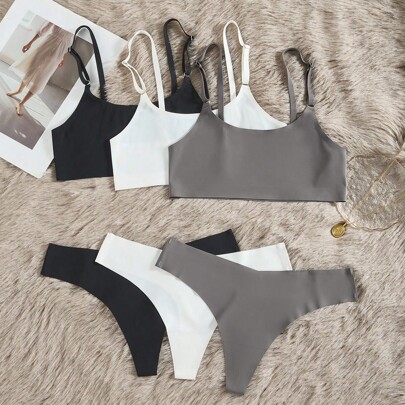 Set di 6 pezzi di intimo senza cuciture di colore solidò per le donne (reggiseno senza fili e mutandine a triangolo)