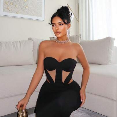 Vestito aderente sexy a tubino senza spalline con taglio a giorno, abbigliamento sexy per crociere da donna, abbigliamento elegante da donna, abiti el